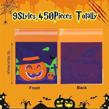 US Local 450 Pcs Halloween Cellophane Treat Bags Self-sealing Clear Candy Cookie Bags Pumpkin Ghost Black Cat Skull Trick Or Treat Bags For Halloween Birthday Trick Or Treat Party Favors Supplies