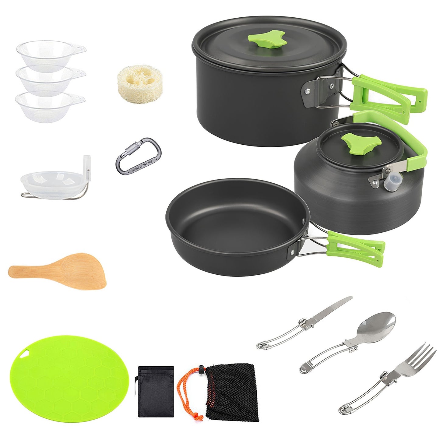 US Local 16Pcs Camping Cooking Ware Set Camping Stove Cookware Kit Aluminum Pot Pan Kettle Set With Bowls Knife Fork Spoon Carabiner Spatula Cutting Board For Hiking Picnic Outdoor
