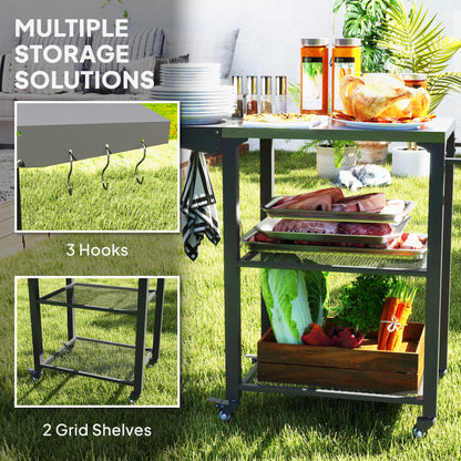 US Local Three-Shelf Outdoor Grill Cart Table With Foldable Side Table, Stainless Steel Top Pizza Oven Stand With Hooks, Silver