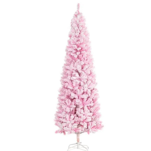 US Local 7.5' Tall Unlit Snow Flocked Artificial Christmas Tree Slim Pencil Xmas Tree With Pine Shape And Realistic Branches, Pink