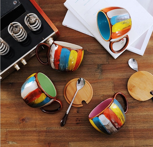 USA Local Creative ceramic cup milk cup water cup coffee cup breakfast cup couple cup to cup mug with lid spoon
