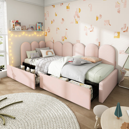 UK Local Upholstered Bed Daybed With Drawers Storage,3FT Single Sofa Bed 90X190cm, Sofa Bed For Adults And Children , Bed Frame With Slatted Frame, Velvet, Pink No Mattress