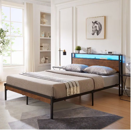 US Local Full Size Metal Platform Bed Frame With Wooden Headboard And Footboard With USB LINER
