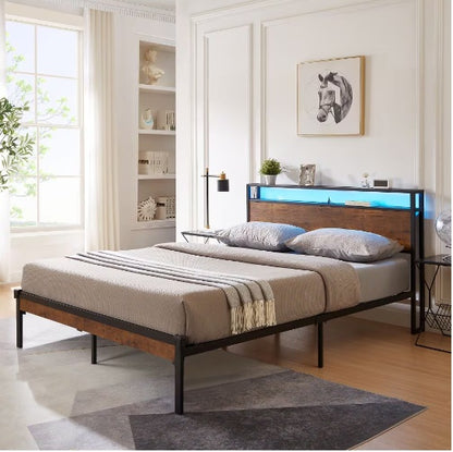 US Local Full Size Metal Platform Bed Frame With Wooden Headboard And Footboard With USB LINER