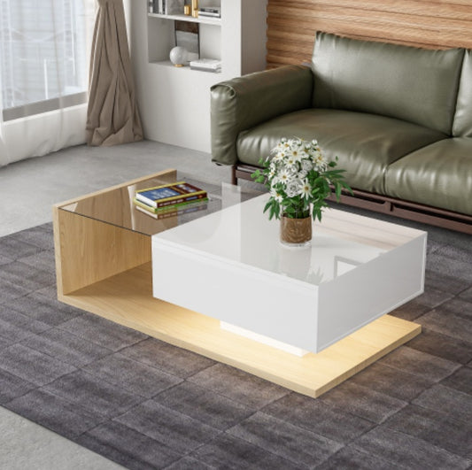 UK Local Coffee Table In High Gloss White And Wood Color Combination. Side Tables, Coffee Tables With Glass And LED