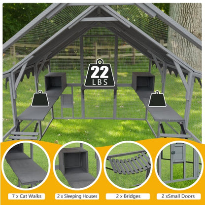 US Local Outdoor Cat House Cat Enclosures 110 Large Kitten Playpen With Platforms,Upgrade Waterproof Cover-grey