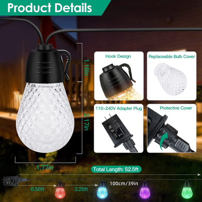 US Local 52.5FT Colorful Outdoor String Lights Smart RGB LED Patio Lights IP66 Waterproof Dimmable Hanging Light Bulbs With APP Remote Control 15 Bulbs