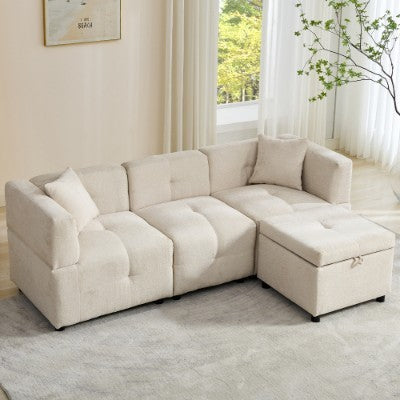 UK Local 80 Sectional Sofa Couch With Removable Storage Ottoman, Fabric Sofa For Living Room Apartment, L-Shaped Sofa With 2 Pillows For Home Apartment Office Living Room, Beige