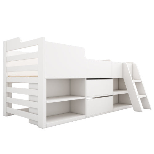 UK Local Cabin Bed Mid Sleeper Bed Frame Storage Kids Wooden Bed With Drawers Shelf Storage Low Sleeper Bed 3ft Single Children's White Wooden Bed - 3ft Single 90 X 190 Cm Frame Only