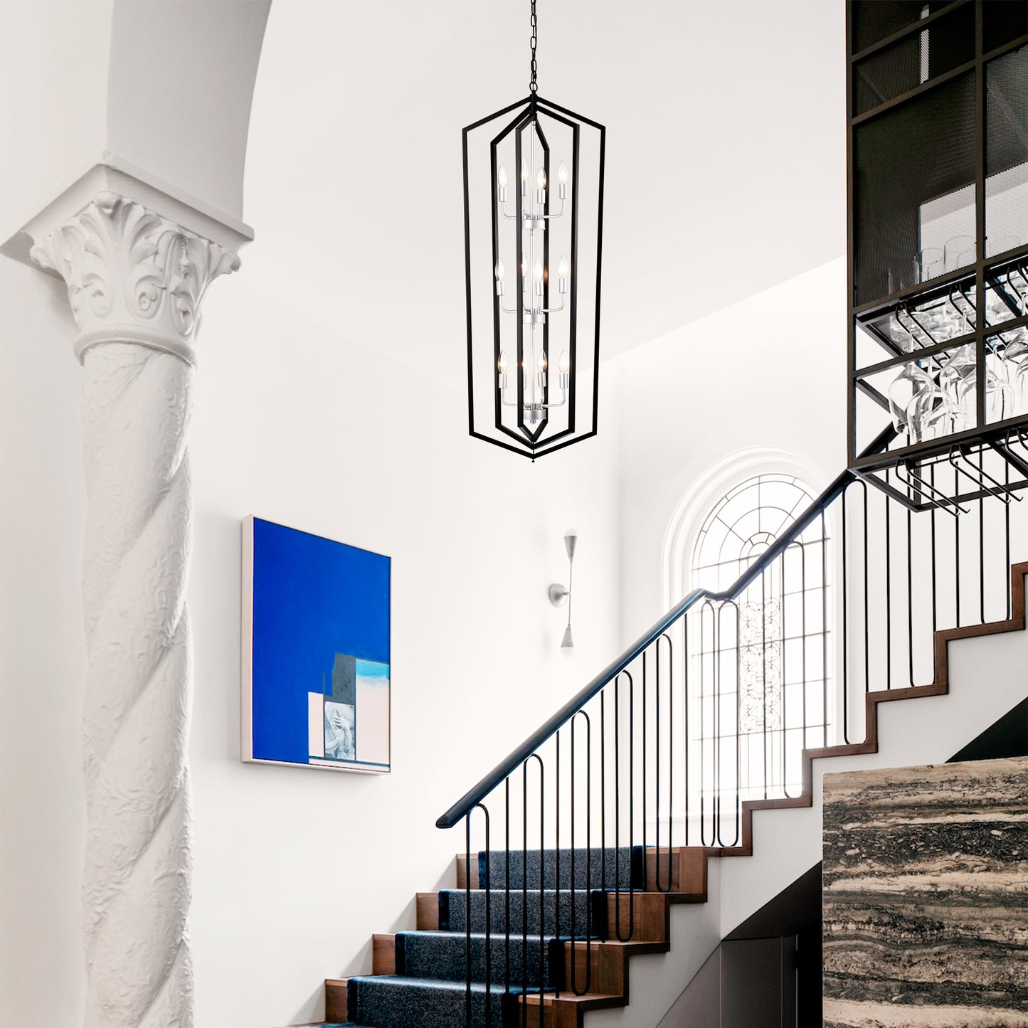 US Local 12-Light Farmhouse Kitchen Chandeliers, Matte Black And Sliver Vintage Rustic Cage Light Fixture Adjustable Height Chandeliers For Dining Room Hallway Foyer Entryway E12 Bulbs Not Included