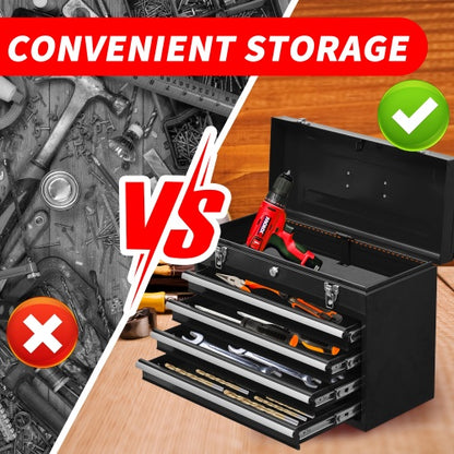 US Local Metal Tool Box With 4 Drawers Portable Steel Tool Chest With Metal Cylinder Lock And Latch Closure, Liner, Powder Coating, Suitable For Garage, Warehouse And Outdoor Repair Job-Black
