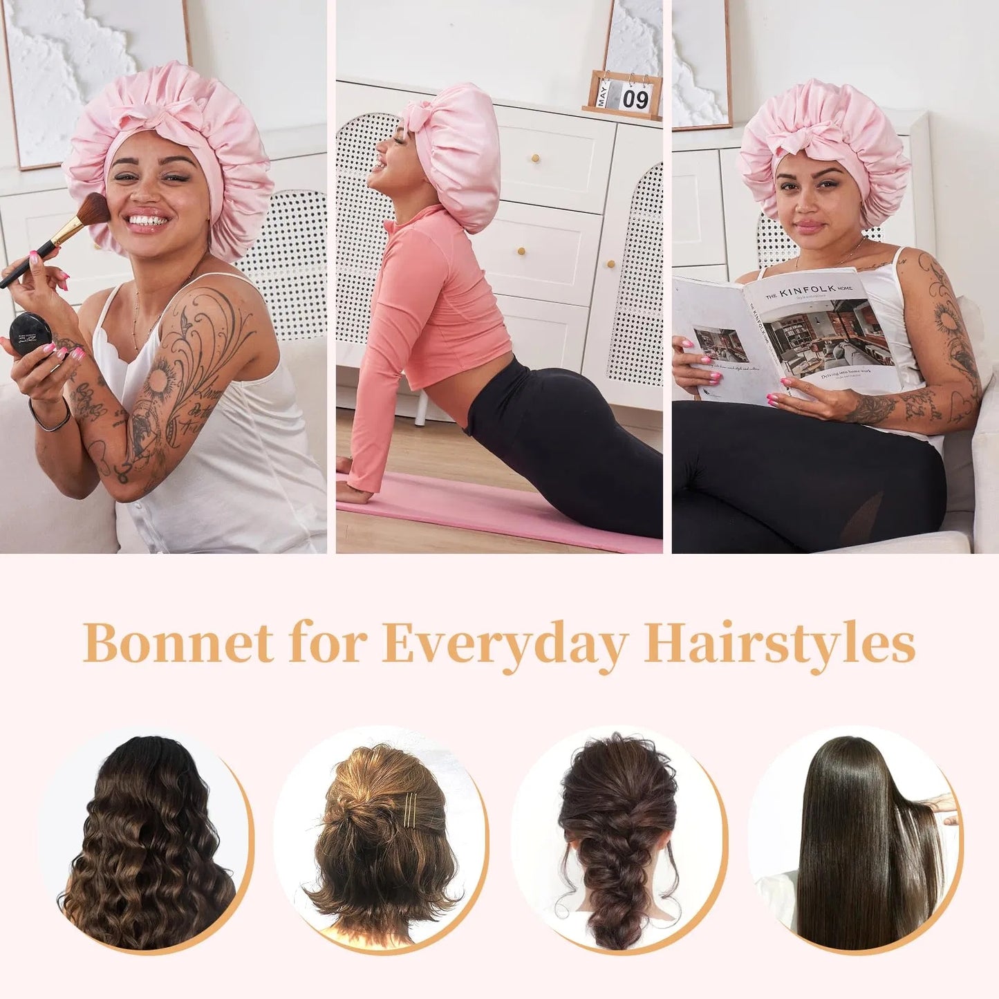 US Local Silk Bonnet For Sleeping Women, Satin Hair Bonnet For Sleeping For Wavy Curly Natural Hair Women Men - Pink