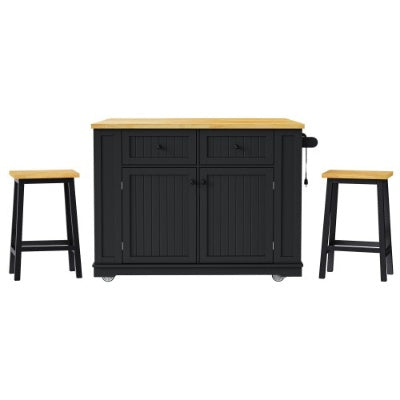 US Local Large Kitchen Island With 2 Bar Stools, Power Outlet, Door Internal Storage Rack, Kitchen Storage Cart On 5 Wheels With Drop Leaf, 5 Open Side Racks, 2 Drawers,for Kitchen,Dining Room