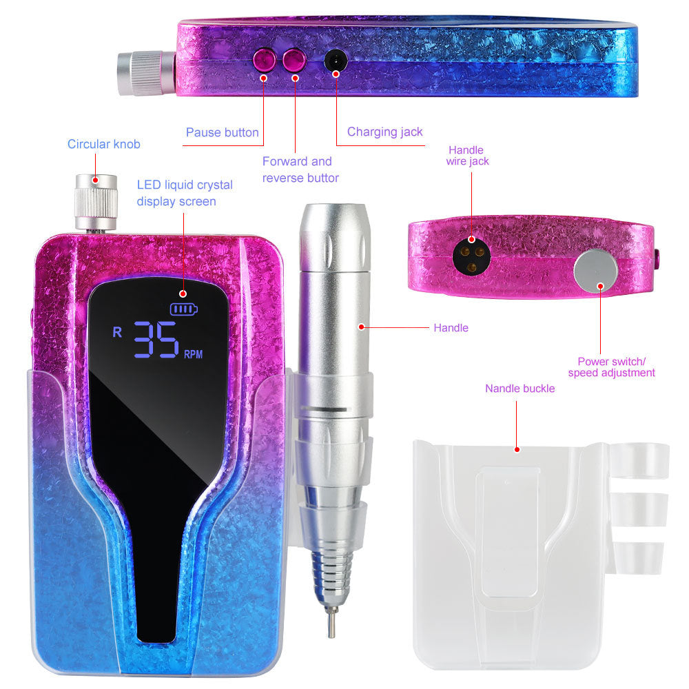 US Local Professional Electric Nail Drill, 45000 RPM Cordless Rechargeable E-File Machine, With 12 Bits, Sanding Bands, LCD Display For Acrylic Gel Nails