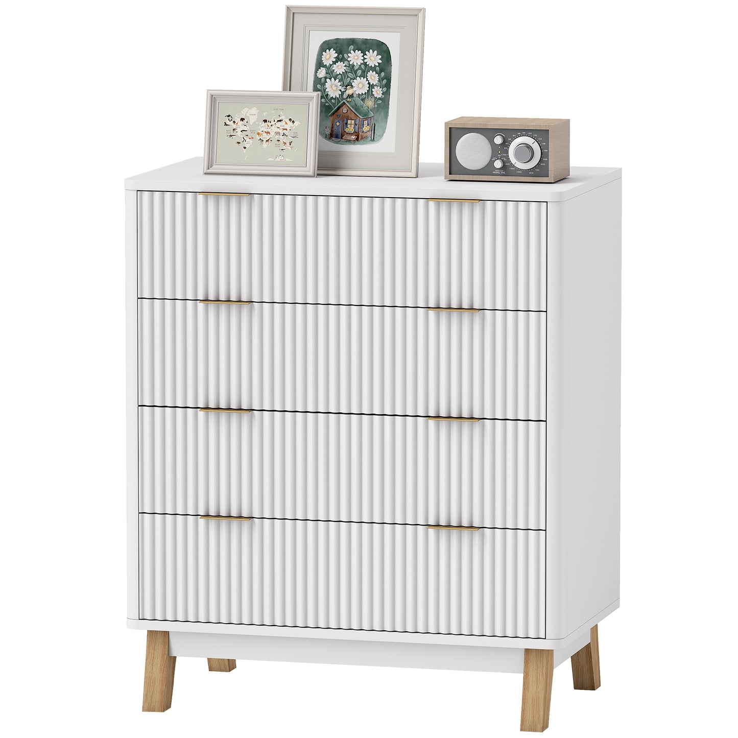 US Local 4 Drawer Double Dresser For Bedroom, Fluted Chest Of Drawers With Gold Finger Pulls And 4 Wood Legs, White