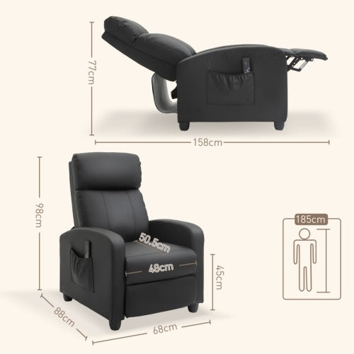 UK Local HOMCOM Recliner Armchair, Massage Faux Leather Push Back Reclining Chair With Adjustable Leg Rest, Side Pocket, For Home Living Room Theatre, Black