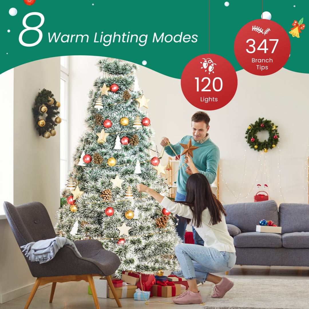 US Local Pre-lit Artificial Christmas Tree, Prelighted Green Artificial Hinged Spruce Xmas Tree With 347 Branch Tips, 120 Incandescent Lights