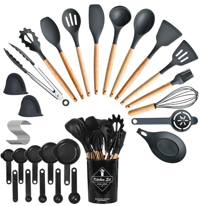 US Local 4 Colors Options -- Set Of 35Pcs Kitchen Cooking Utensils Set Spatula Set Baking Utensil Set Kitchen Accessories Necessities With Holder Egg Whisk Separator Tong Turner Spoons Cups
