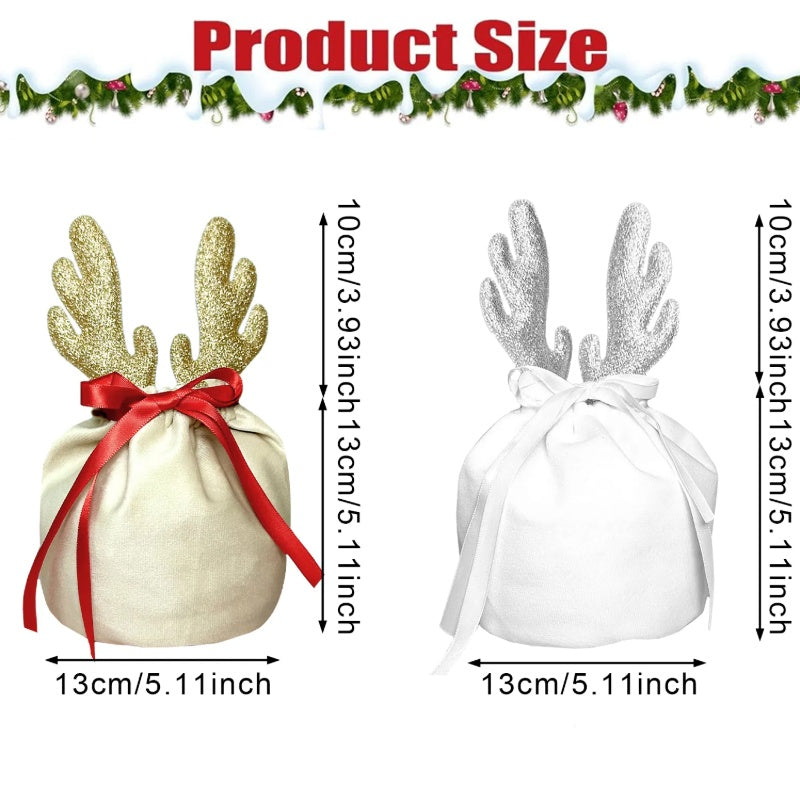 US Local 5Pcs Christmas Antler Gift Bags With Drawstring Flannel Gift Pouches Reusable Xmas Party Gift Wrapping Bag For Xmas New Year Birthday Wedding Winter Party Supplies