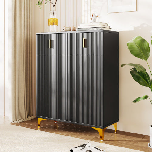 UK Local Elegant Sideboard Shoe Cabinet With Structural Panels, Adjustable Shelves And Gold-plated Decorations, With Drawers