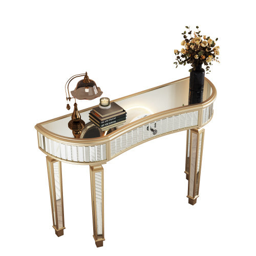 US Local 47 Half Moon Mirrored Console Table With Fluted Glass Crystal Knob Drawer Silver Entryway Vanity Desk For BedroomDressing RoomGold Sliver