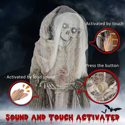 US Local 74inch Life Size Outdoor Halloween Decorations Skeleton Witch, Sound And Motion Activated Animated Prop Animatronic Decor With Light Up Eyes, Spooky Sound