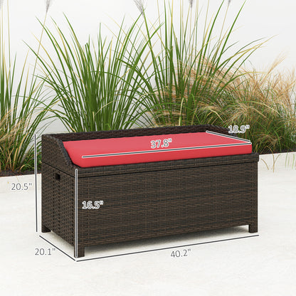 US Local Outdoor Wicker Storage Bench With Storage & Cushion, Red