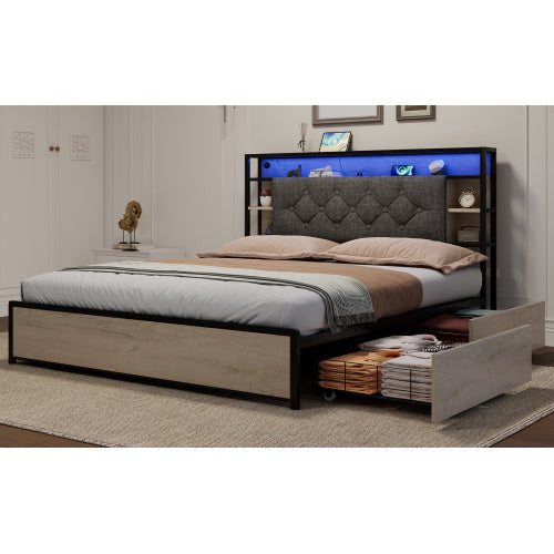 UK Local 4ft6 Double Bed With 4 Storage Drawers, Bed Frame With Concealed Headboard Storage, Button Tufted Headboard With LED Lighting And Charging Station, Vintage Rustic Wooden, Linen, Grey