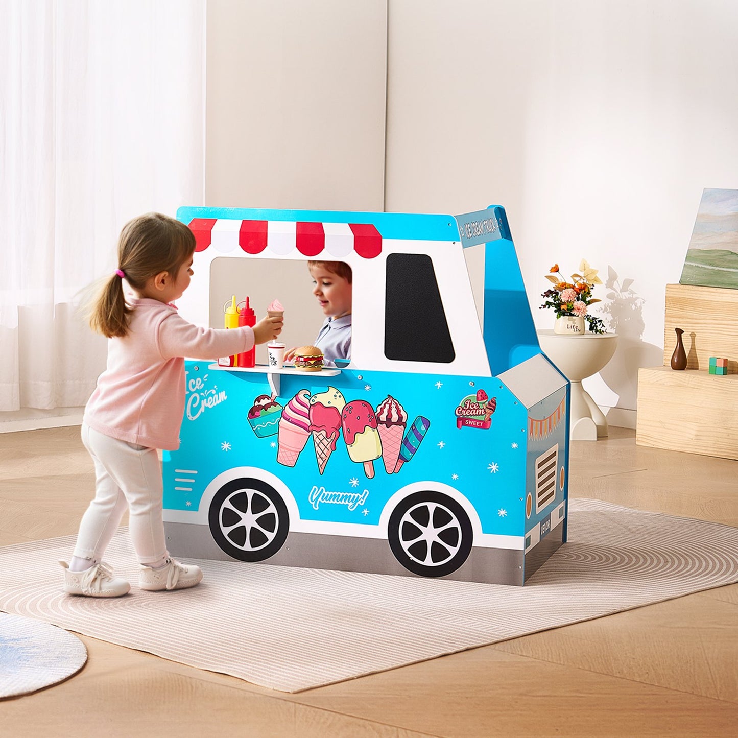 US Local Ice Cream Truck Wooden Playset Pretend Play Stand For Kids Aged 3-7
