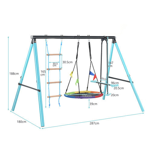 UK Local Kids Swing Swing Seesaw Set With Metal Frame, Nest Tree Swing, , Seesaw Height Adjustable, Climbing Ladder & Climbing Net, Backyard Playground Outdoor Play Frame Toy For Children, Over 3 Years Old