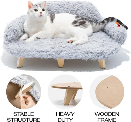 MEWOOFUN Elevated Cat Bed With Washable Cover - 26x18.3x8.5 Inch Wooden Pet Sofa For Cats & Small Medium Dogs Grey, Modern Design