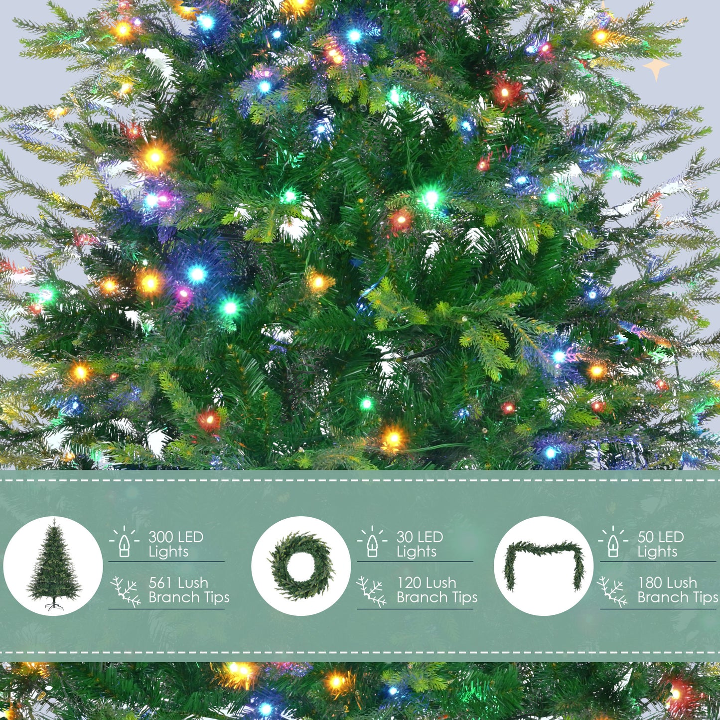 US Local 6 Feet Pre-Lit Aspen Fir Artificial Christmas Tree With Garlands And Garlands, Grass Green Christmas Tree With 380 Multi-Color LED Lights, 11 Lighting Modes, 861 PE Branch Tips