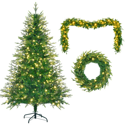 US Local 6 Feet Pre-Lit Aspen Fir Artificial Christmas Tree With Garlands And Garlands, Grass Green Christmas Tree With 380 Multi-Color LED Lights, 11 Lighting Modes, 861 PE Branch Tips
