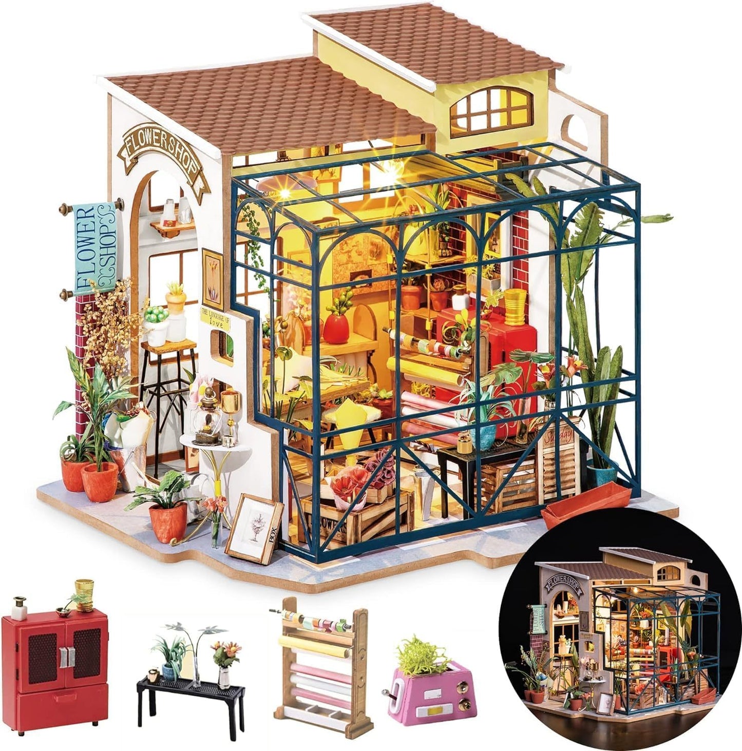 US Local ROBOTIME Rolife DIY Miniature House Kit Emily's Flower Shop, Tiny House Kit For Adults To Build, Mini House Making Kit With Furniture, Halloween Christmas Decorations Gifts DG145