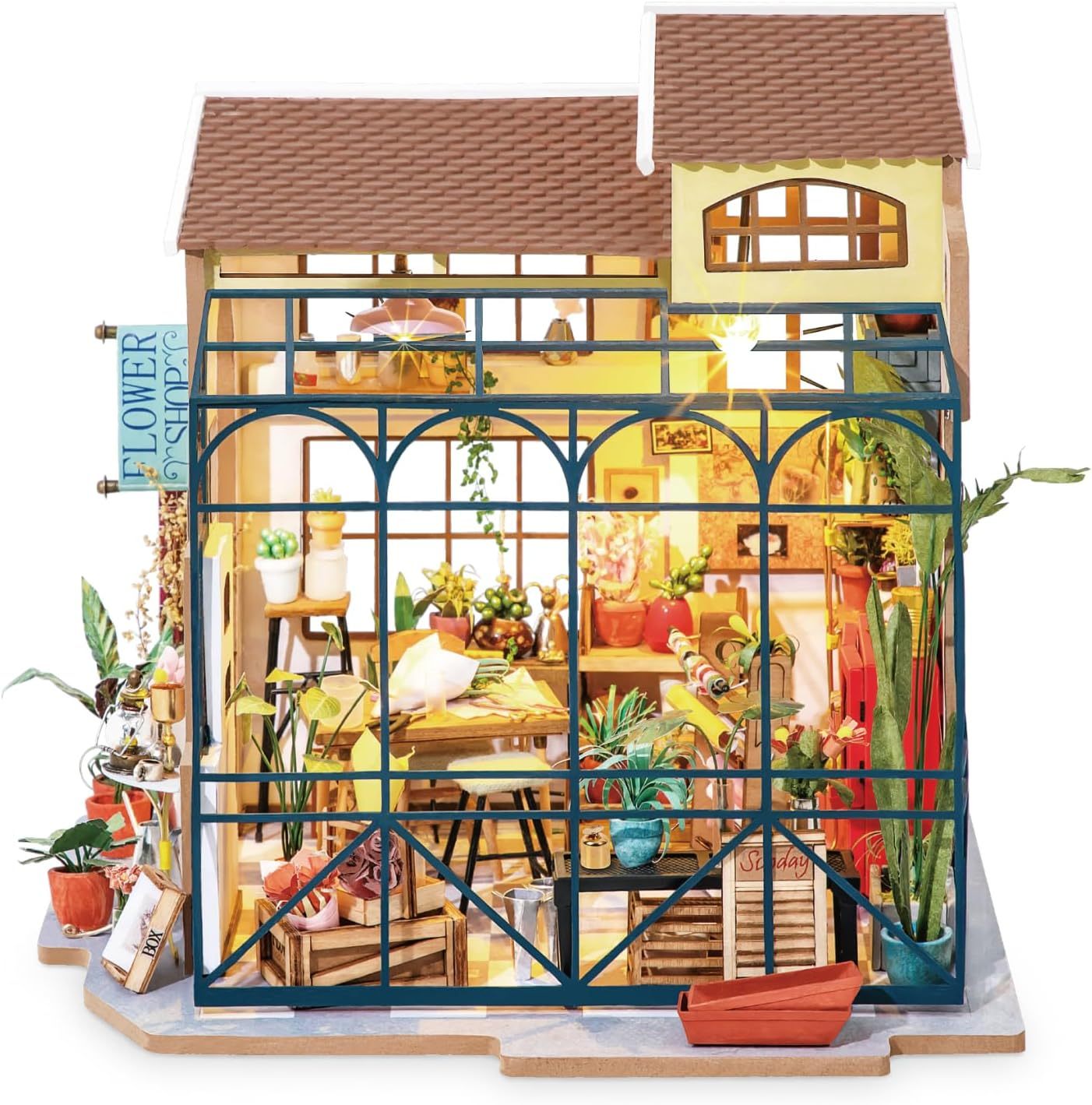 US Local ROBOTIME Rolife DIY Miniature House Kit Emily's Flower Shop, Tiny House Kit For Adults To Build, Mini House Making Kit With Furniture, Halloween Christmas Decorations Gifts DG145