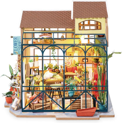 US Local ROBOTIME Rolife DIY Miniature House Kit Emily's Flower Shop, Tiny House Kit For Adults To Build, Mini House Making Kit With Furniture, Halloween Christmas Decorations Gifts DG145