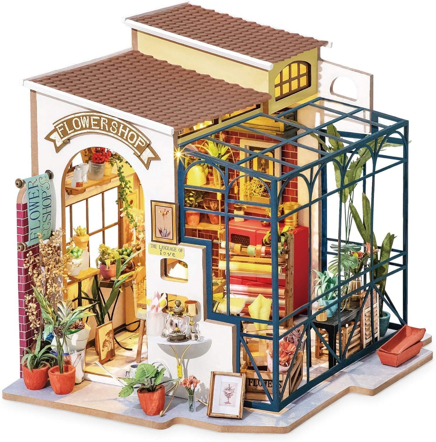 US Local ROBOTIME Rolife DIY Miniature House Kit Emily's Flower Shop, Tiny House Kit For Adults To Build, Mini House Making Kit With Furniture, Halloween Christmas Decorations Gifts DG145
