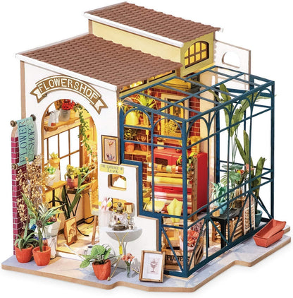 US Local ROBOTIME Rolife DIY Miniature House Kit Emily's Flower Shop, Tiny House Kit For Adults To Build, Mini House Making Kit With Furniture, Halloween Christmas Decorations Gifts DG145