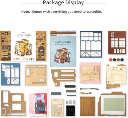 US Local ROBOTIME Rolife DIY Miniature House Kit Emily's Flower Shop, Tiny House Kit For Adults To Build, Mini House Making Kit With Furniture, Halloween Christmas Decorations Gifts DG145