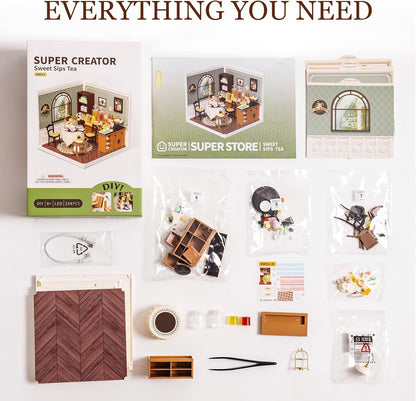 US Local ROBOTIME DIY Miniature House Kit, Tea House Dollhouse Model Building Craft Kit With LED For Adults And Kids, Birthday Gift DW011