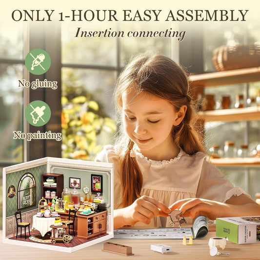 US Local ROBOTIME DIY Miniature House Kit, Tea House Dollhouse Model Building Craft Kit With LED For Adults And Kids, Birthday Gift DW011