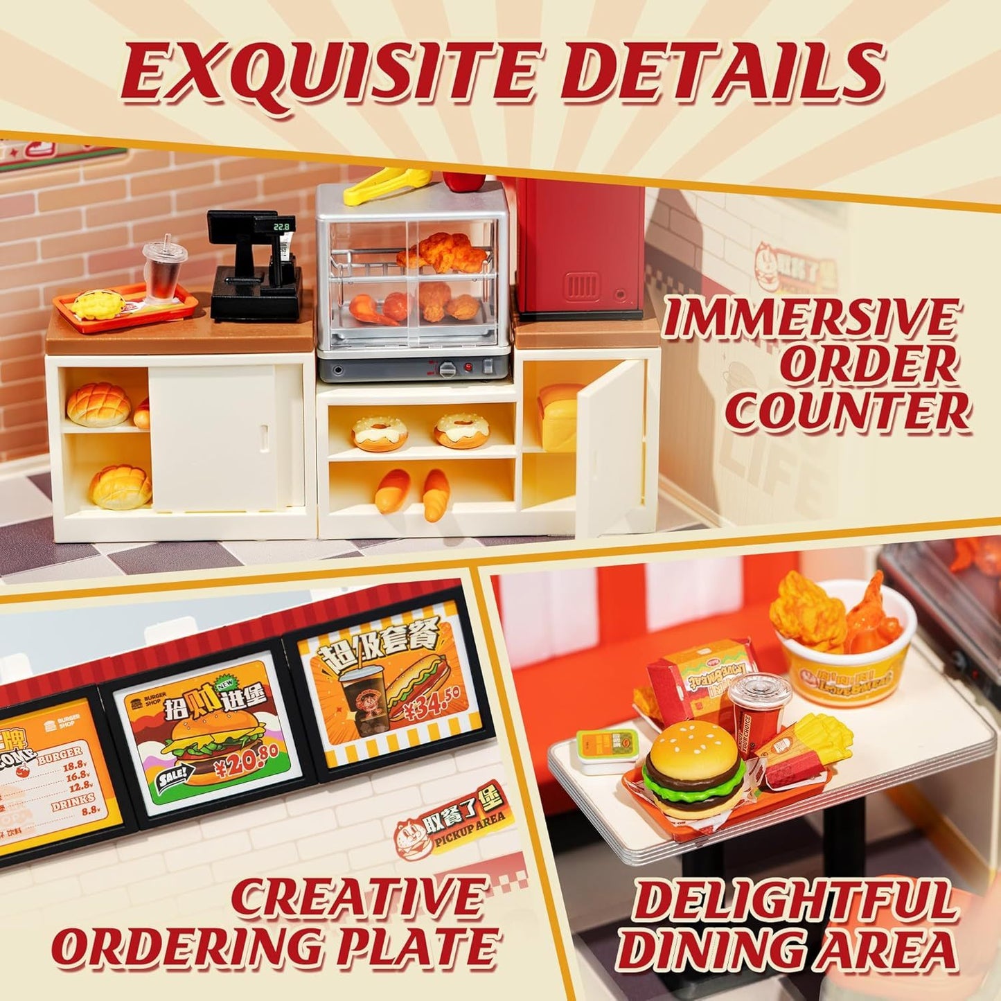 US Local ROBOTIME DIY Miniature Dollhouse Kits Yum Burgers With LED Building Craft DW010
