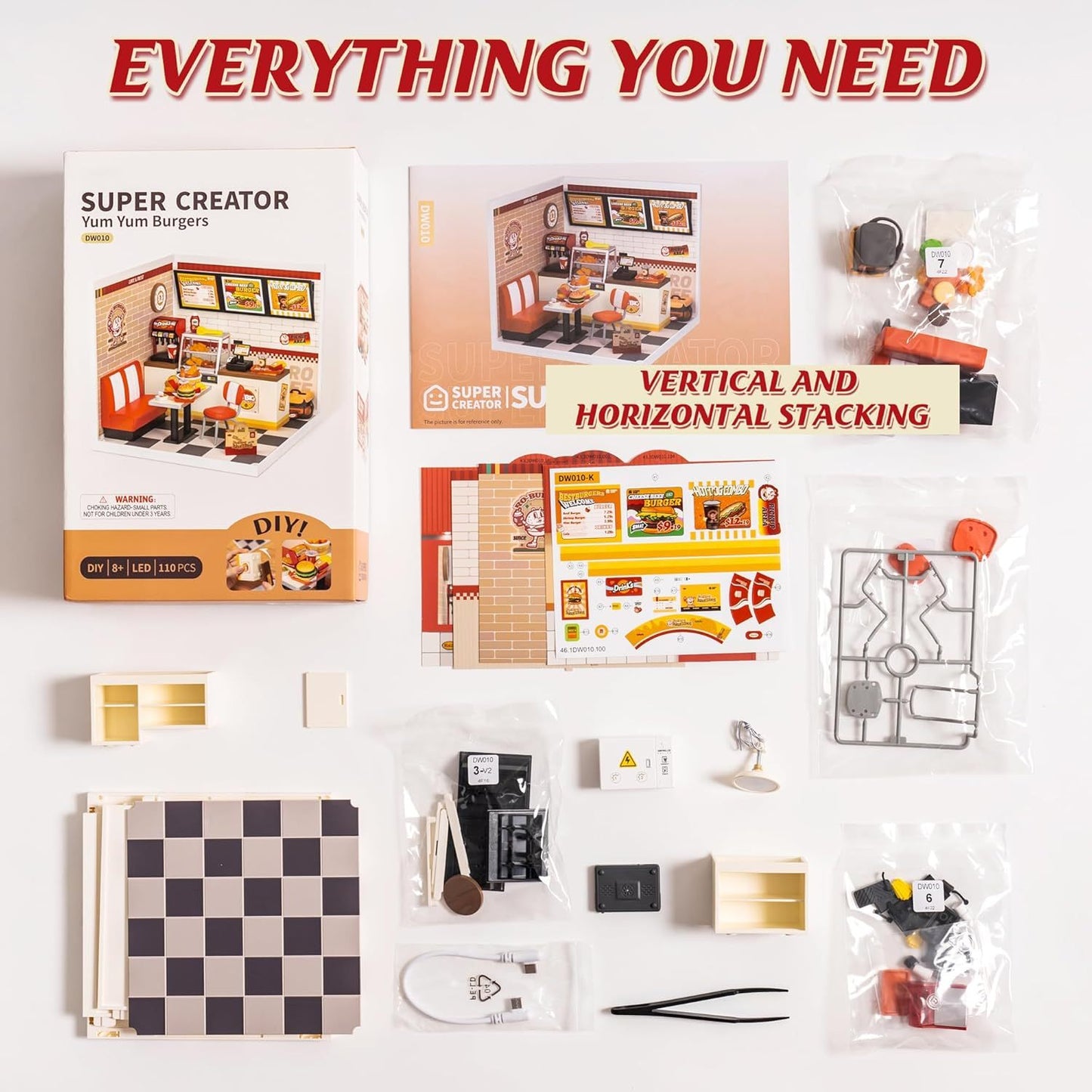 US Local ROBOTIME DIY Miniature Dollhouse Kits Yum Burgers With LED Building Craft DW010