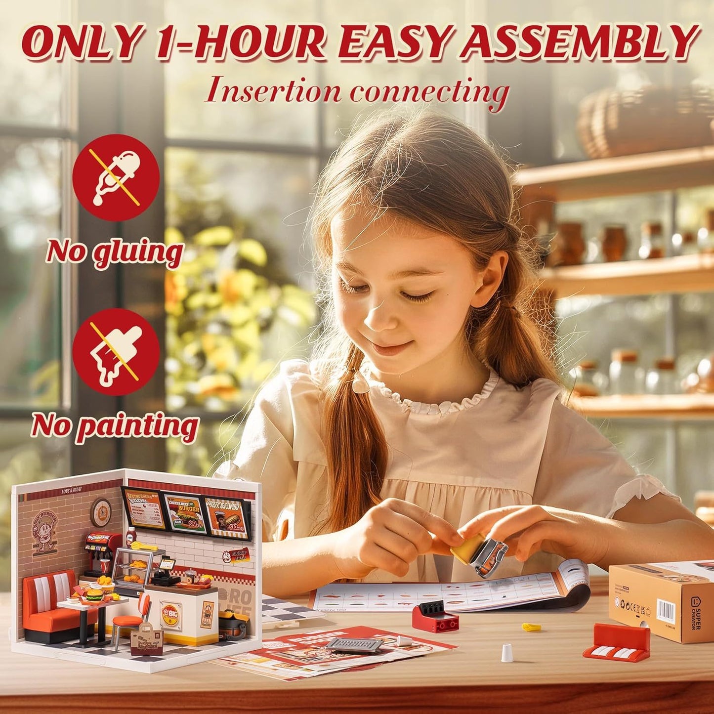 US Local ROBOTIME DIY Miniature Dollhouse Kits Yum Burgers With LED Building Craft DW010