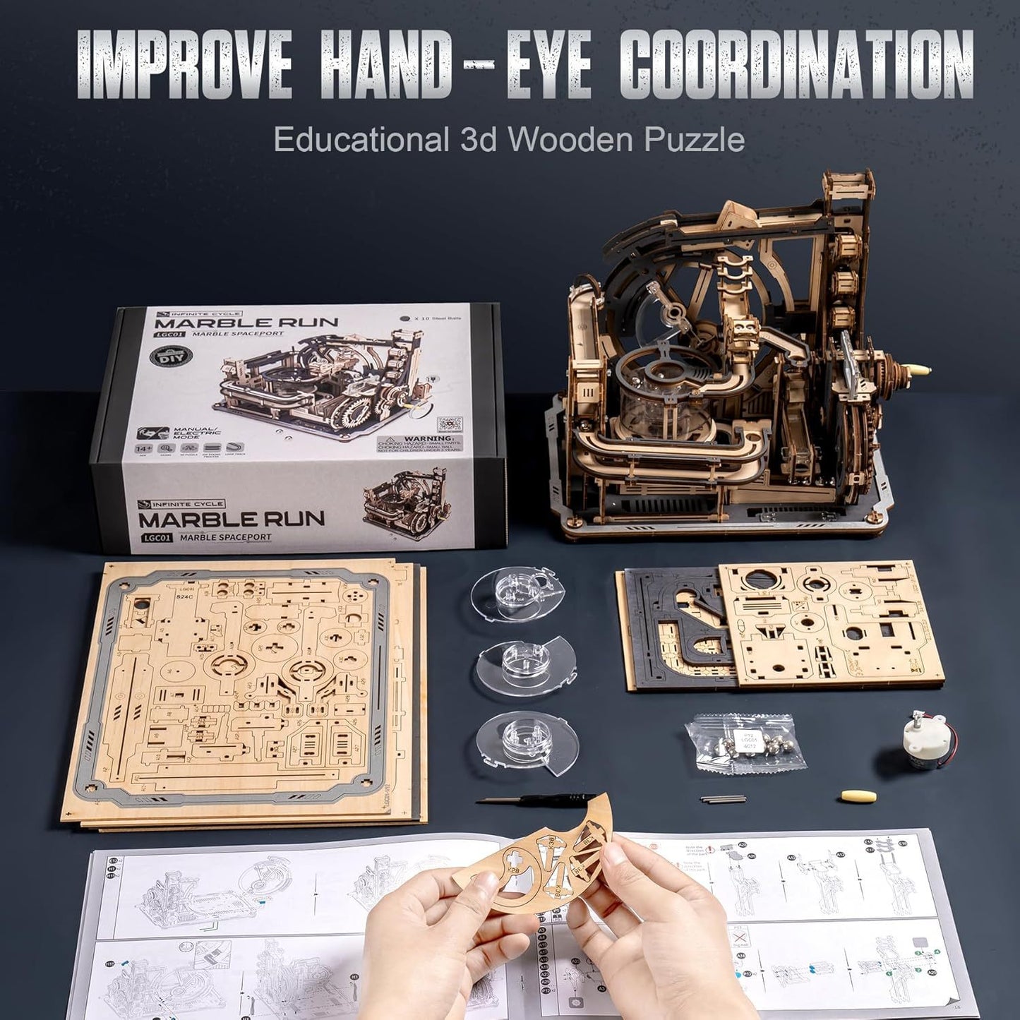 US Local ROBOTIME Marble Run 3D Puzzle Wooden Model Kits For Adults To Build, Gifts Adults Electric Craft Boys, Marble Spaceport LGC01