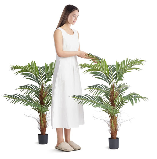 US Local Artificial Palm Tree, 4 FT Tall Faux Plant, Secure PE Material & Anti-Tip Tilt Protection Low-Maintenance Plant, Lifelike Green Fake Tree For Home Office Warehouse Decor Indoor Outdoor