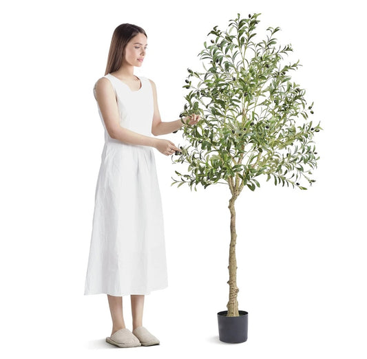 US Local Artificial Olive Tree, 6 FT Tall Faux Plant, Secure PE Material & Anti-Tip Tilt Protection Low-Maintenance Plant, Lifelike Green Fake Potted Tree For Home Office Warehouse Decor Indoor Outdoor