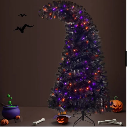 US Local 6FT Artificial Fir Bent Top Halloween Christmas Tree, Xmas Tree Bendable Style Christmas Tree Holiday Decoration W1,080  Branch Tips, 300 LED Lights X Mas Halloween Style