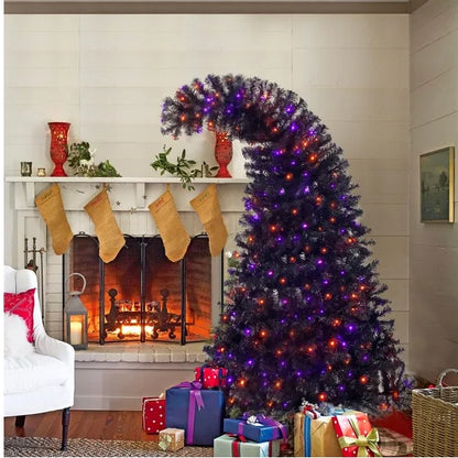 US Local 6FT Artificial Fir Bent Top Halloween Christmas Tree, Xmas Tree Bendable Style Christmas Tree Holiday Decoration W1,080  Branch Tips, 300 LED Lights X Mas Halloween Style
