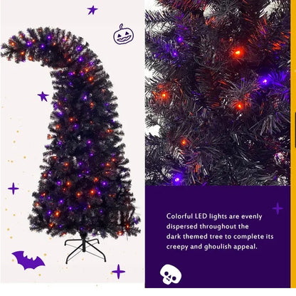 US Local 6FT Artificial Fir Bent Top Halloween Christmas Tree, Xmas Tree Bendable Style Christmas Tree Holiday Decoration W1,080  Branch Tips, 300 LED Lights X Mas Halloween Style